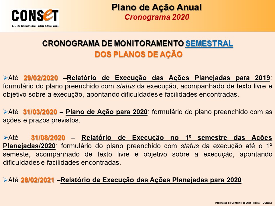 Cronograma do Plano de Ação de 2020